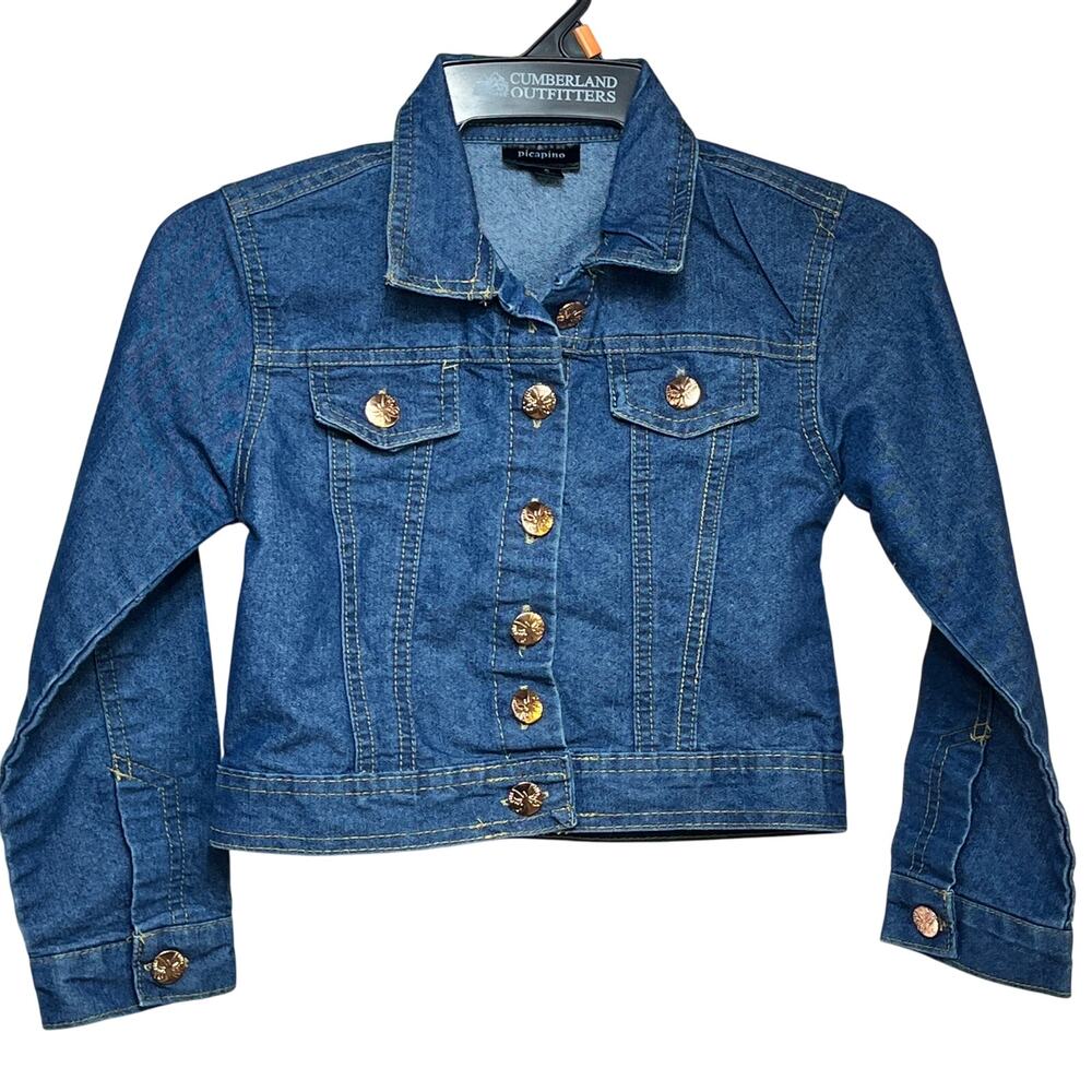 Picapino Blue Denim Jean Jacket Girls 6 Cotton Blend Butterfly Buttons No Pocket